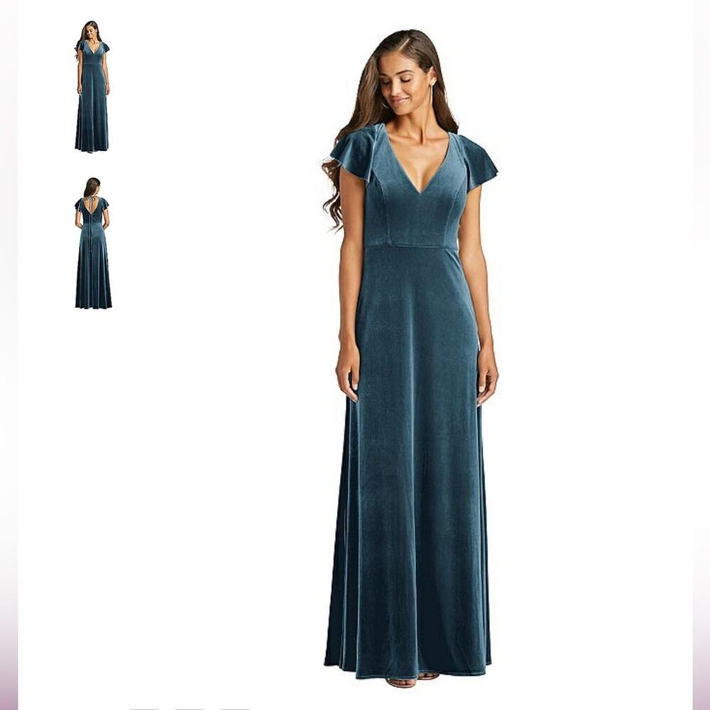 NWT After Six Lux Velvet V-Neck Maxi‎ Low V-Back Flutter Sleeves Dress 0